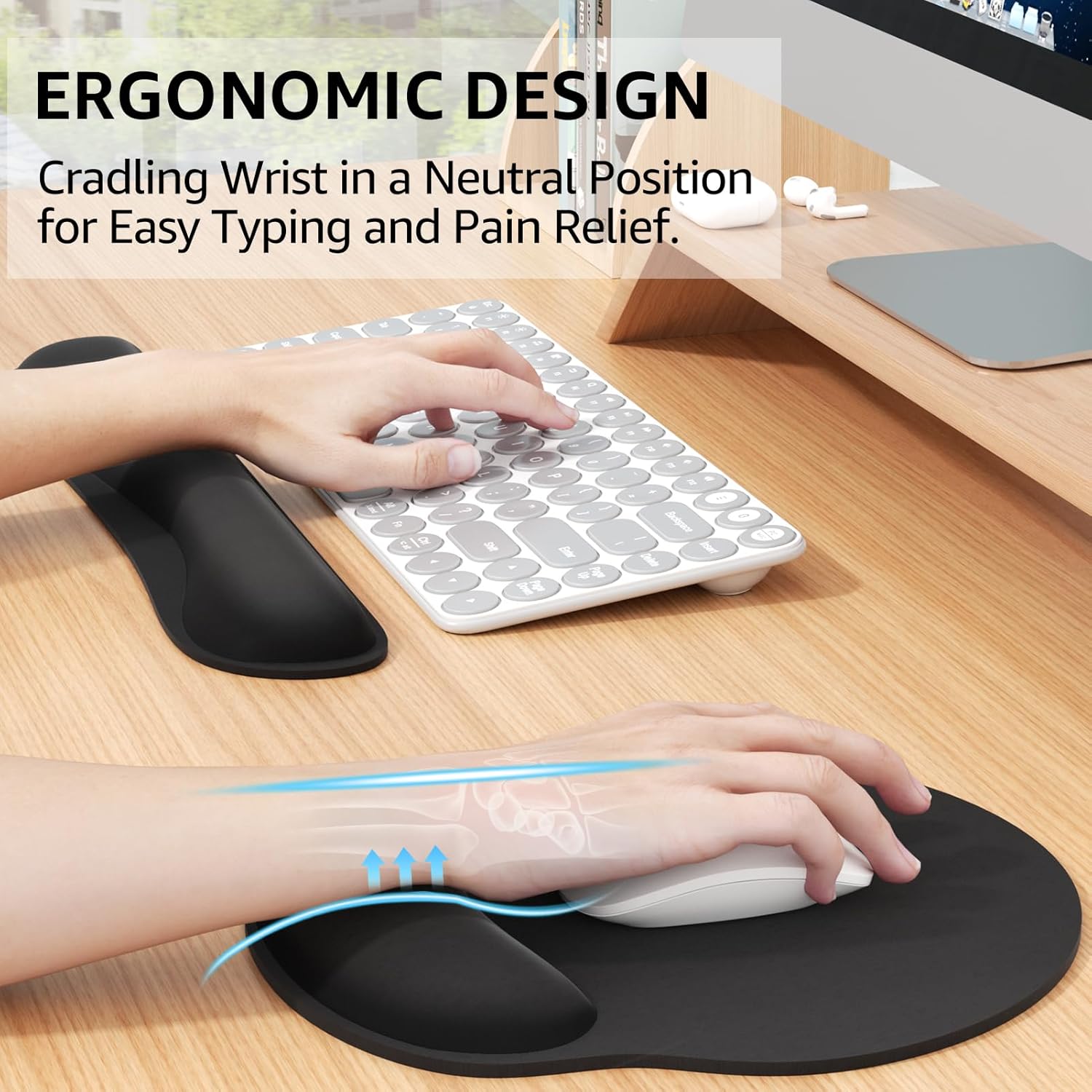 KTRIO Ergonomic Keyboard Wrist Rest and Mouse Pad with Wrist Rest Set, Memory Foam Wrist Support for Typing, Gaming, Office and Home Use, Black - Image 2