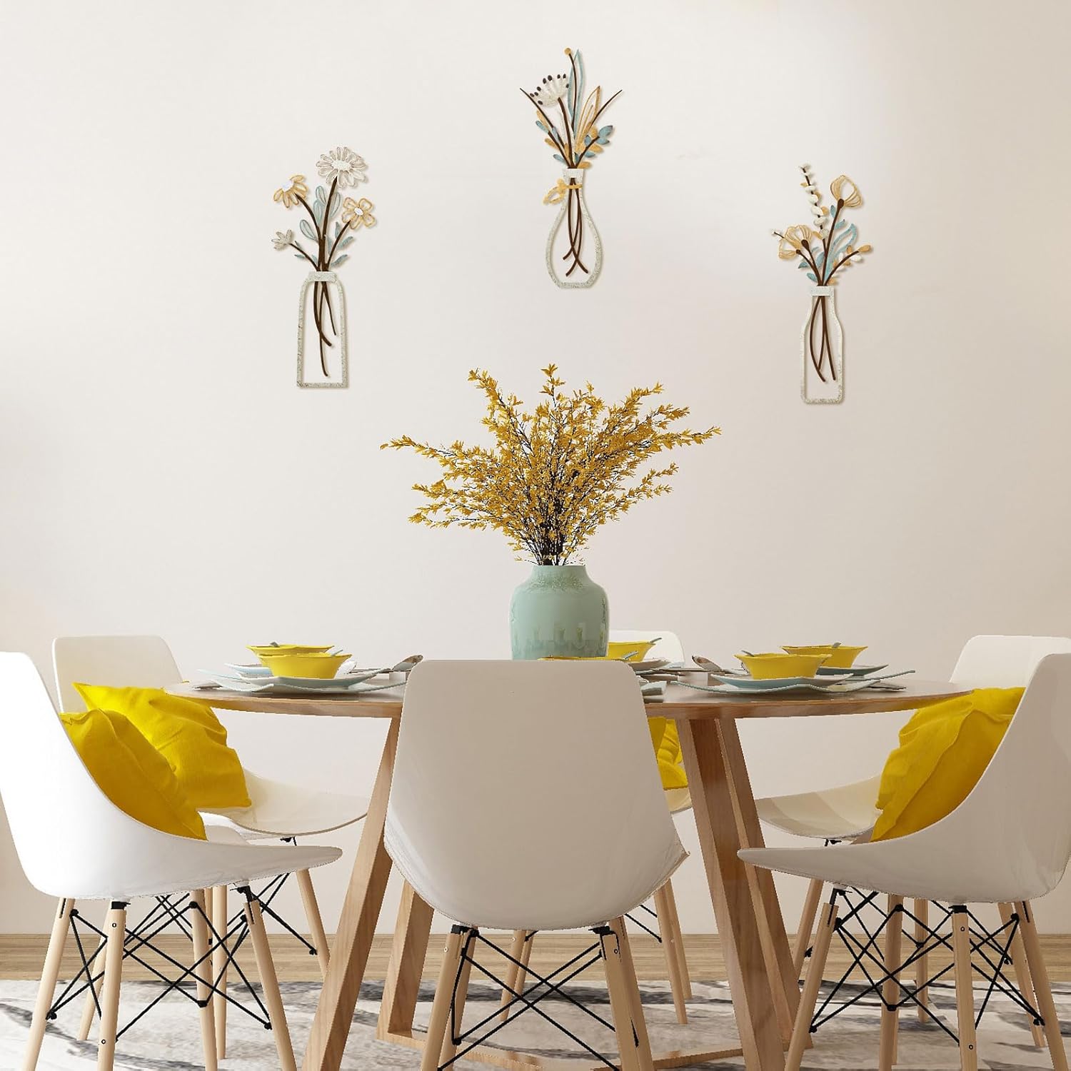 Pigort 3 Pieces Metal Flowers Wall Art- Rustic Farmhouse Decor Minimalist Decor for Living Room Bathroom Bedroom Dining Room, Housewarming Gifts Christmas Decoration(Beige, Vase-C) - Image 3