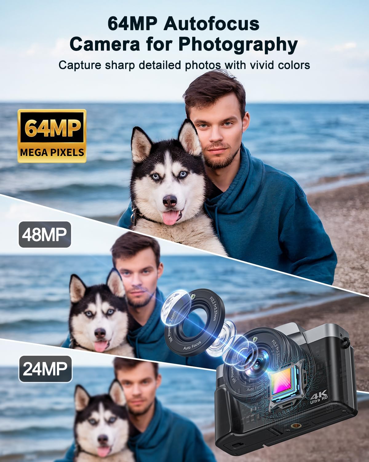 4K Digital Camera for Photography, WiFi 64MP Autofocus Vlogging Camera for YouTube, 3" 180° Flip Screen, 16X Zoom Antishake Compact Point and Shoot Travel Cameras with 32GB SD Card, 2 Batteries, Black - Image 3