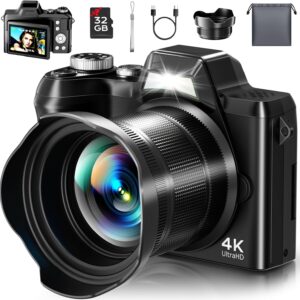 4K Digital Camera for Photography, Autofocus 56MP Vlogging Camera for YouTube/Content Creators/Travel, 16X Zoom Video Camera with 3″ 180°Flip Screen & Lens Hood, Gift Ideas for Teens & Beginners