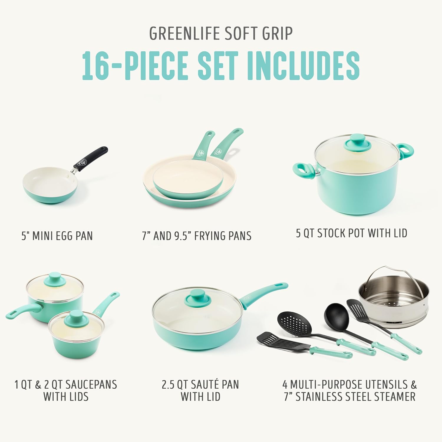 GreenLife Soft Grip 16 Piece Cookware Set, Non-Toxic PFAS-Free Ceramic Nonstick, Pots, Frying, Sauce, Saute, Glass Lids, Stay-Cool Handles, Wobble Free Bases, Dishwasher & Oven Safe, Turquoise - Image 4