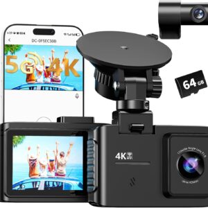Dash Cam Front and Rear: 4K Dual Channel Dash Cam – 5GHz WiFi, Dash Camera for Cars with 64GB Card, 2″ IPS, App Control, G-Sensor, Loop Recording, 170° Wide Angle, Night Vision, 24H Parking Mode