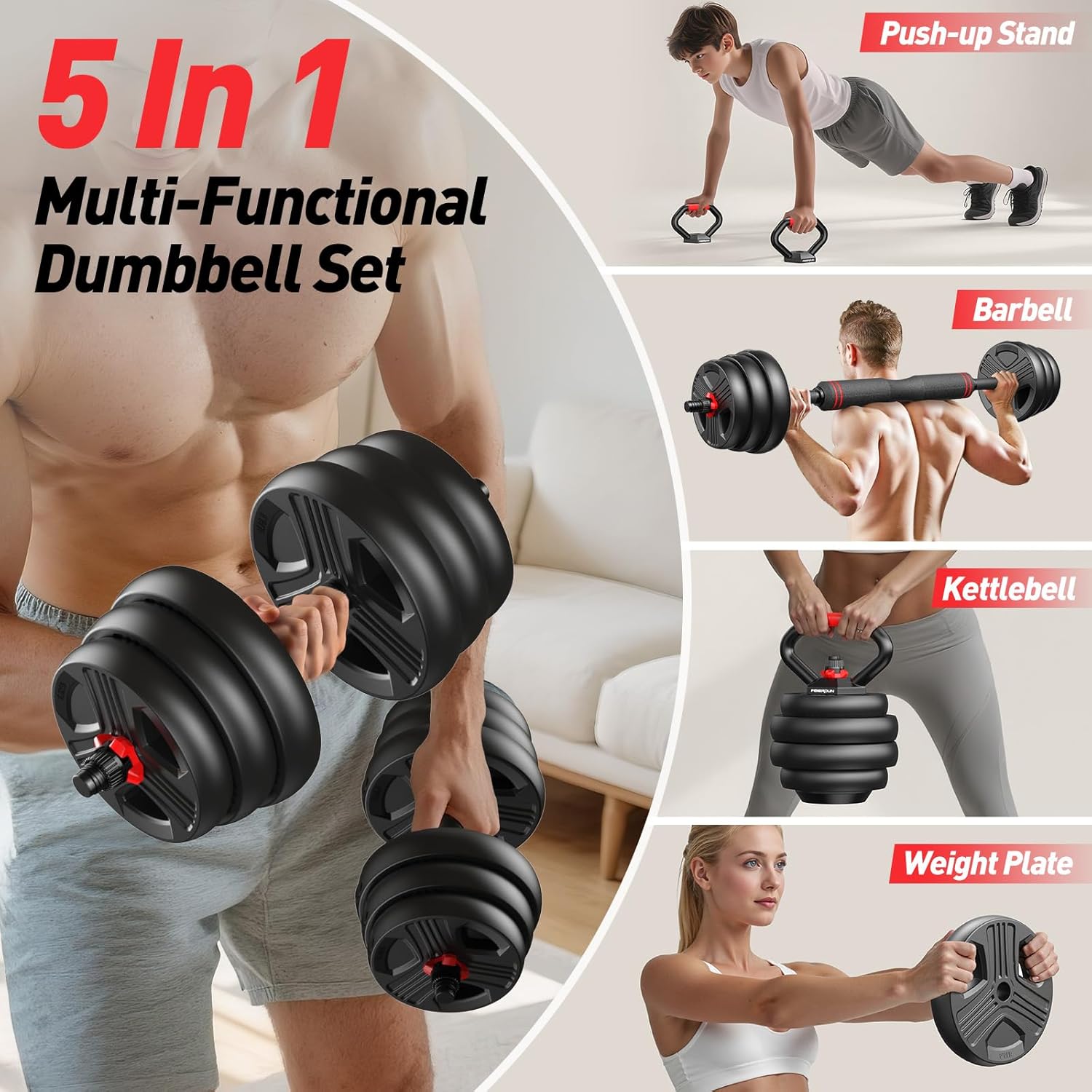 Adjustable dumbbell set,20/35/45/55/70/90lbs Free Weights set with upgraded nut, 5 in 1 Weight Set Used as Kettlebells, Barbell, Push up Stand, Fitness Exercise for Home Gym Suitable Men/Women - Image 2