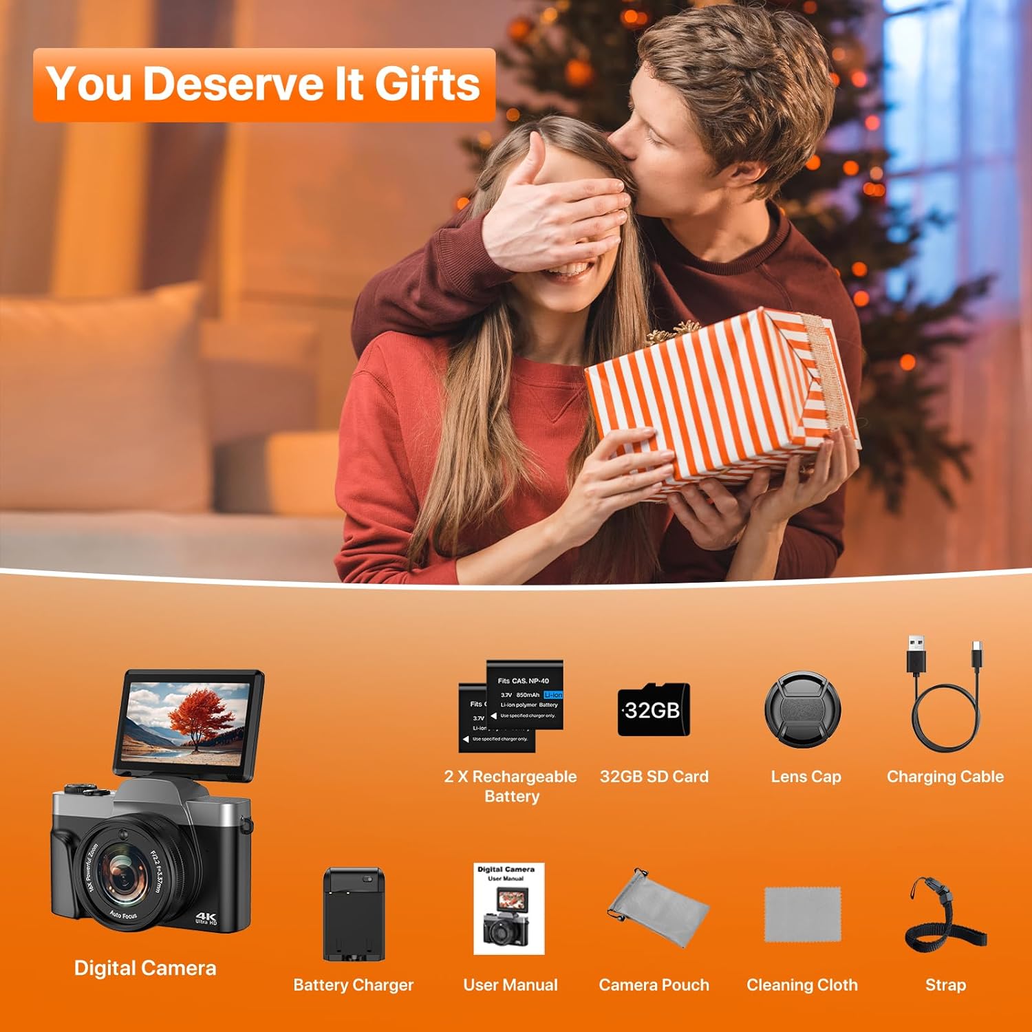 4K Digital Camera for Photography 64MP WiFi Vlogging Camera for YouTube Autofocus 3" 180° Flip Screen 16X Zoom Compact Travel Cameras with Anti-Shake, SD Card, 2 Batteries & Battery Charger - Image 8