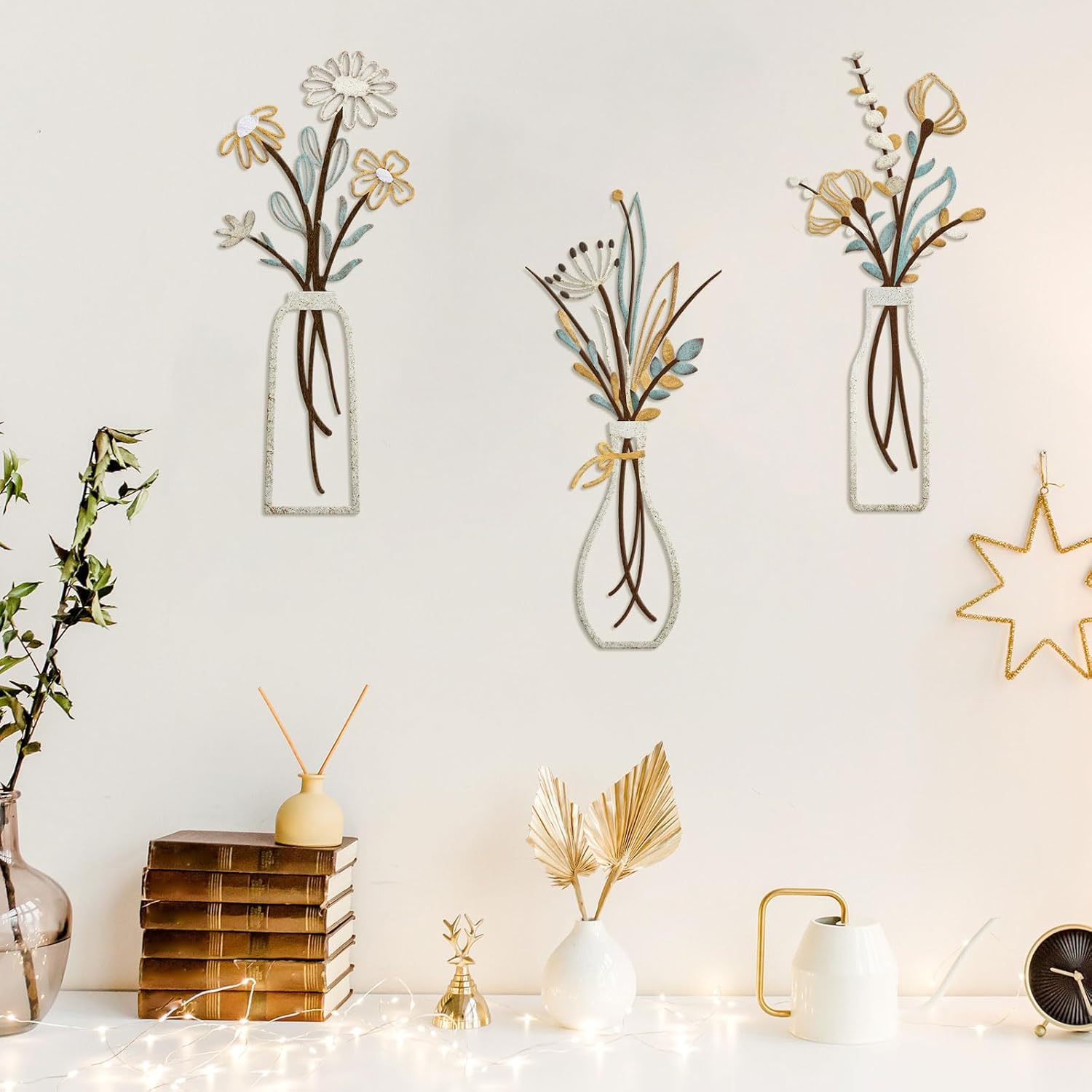 Pigort 3 Pieces Metal Flowers Wall Art- Rustic Farmhouse Decor Minimalist Decor for Living Room Bathroom Bedroom Dining Room, Housewarming Gifts Christmas Decoration(Beige, Vase-C) - Image 6