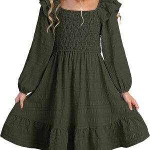Girls Dresses with Tiered Ruffle Long Sleeve and Side Pockets, Smocked Fall Spring Dress for 6-13 Years