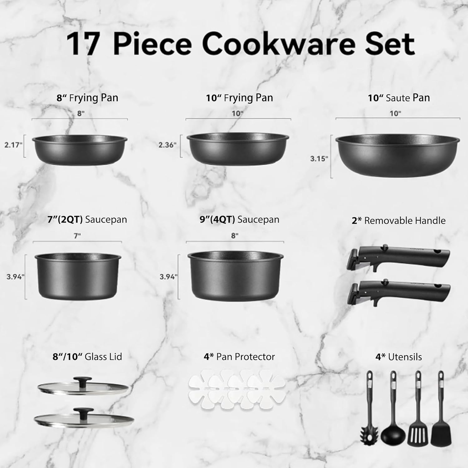 CAROTE 17Pcs Pots and Pans Set Non Stick, Cookware Set Detachable Handle, Nonstick Induction Kitchen Sets Non Stick with Removable Handle, RV Cook Ware, Oven Safe, Black - Image 2