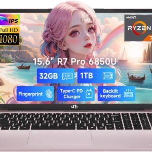 NIMO 15.6″ FHD Light-Gaming-Laptop, 8 Cores AMD Ryzen 7 Pro 6850U 32GB LPDDR5 RAM 1TB SSD (Beat i7-1360P Up to 4.7GHz) GPU AMD Radeon 680M IPS Computer with 100W Type-C Backlit Keyboard Fingerprint