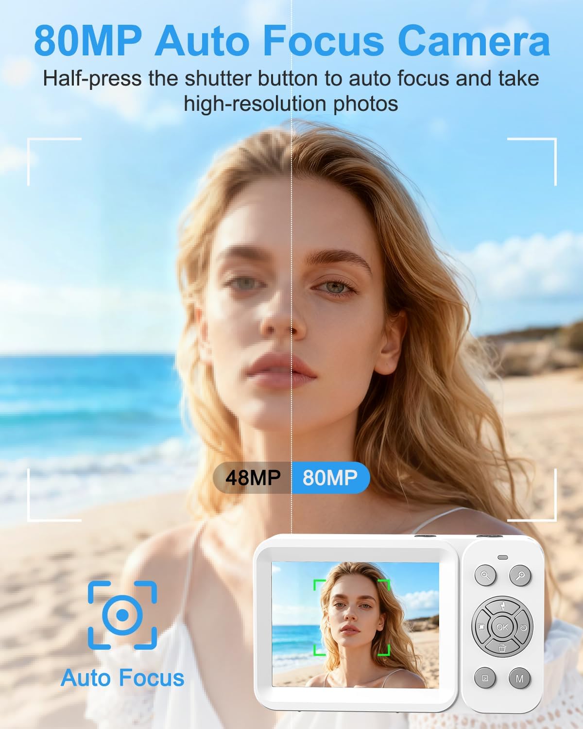 5K Digital Camera, 80MP Dual Screen Autofocus Vlogging Camera, 18X Zoom Point and Shoot Camera for Photography, Flash, 32GB Card, 2 Batteries, Compact Camera for Teens Adults (White) - Image 3