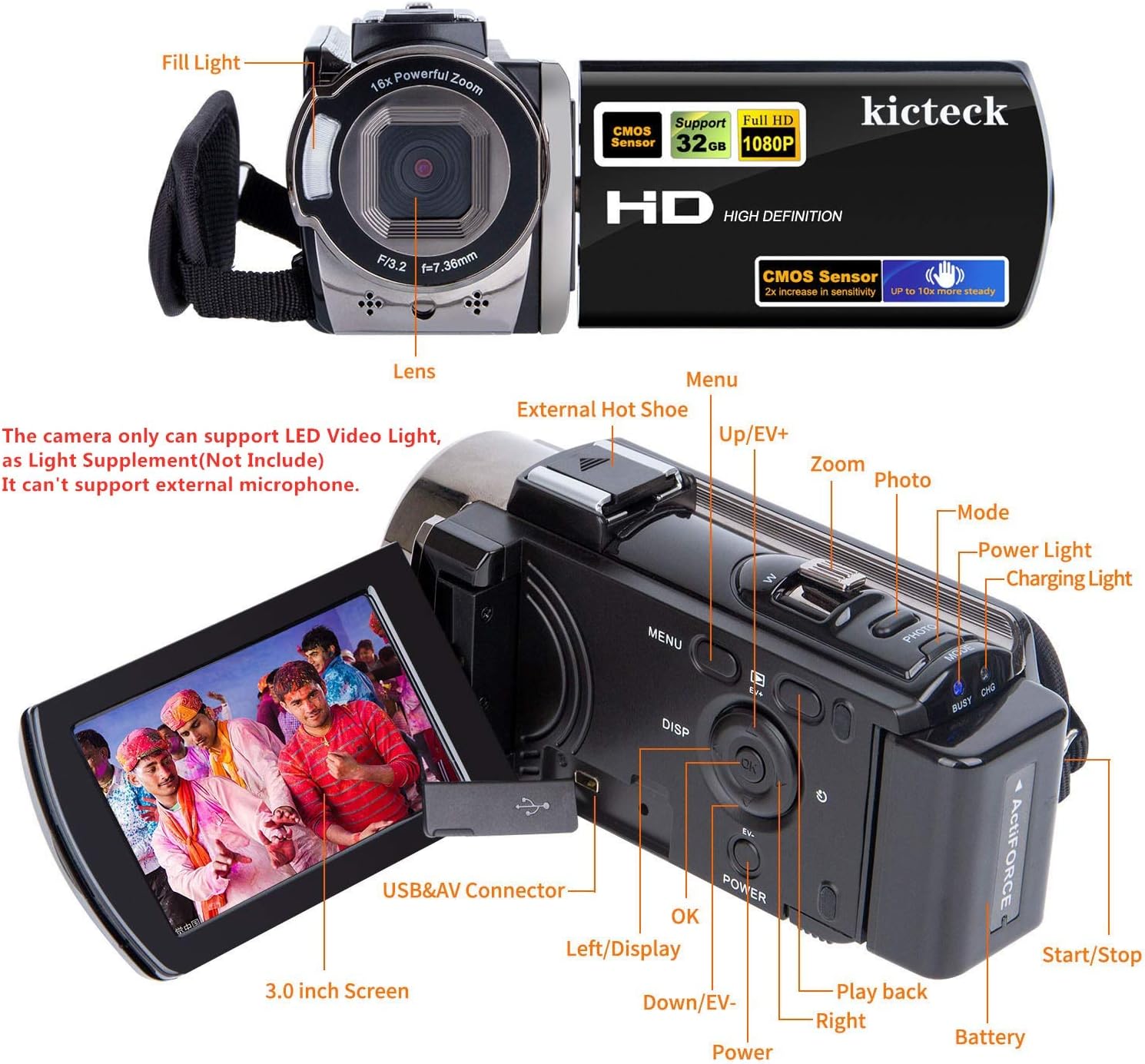 Video Camera Camcorder Digital Camera Recorder Full HD 1080P 15FPS 24MP 3.0 Inch 270 Degree Rotation LCD 16X Zoom Camcorder with 2 Batteries(604s) - Image 2