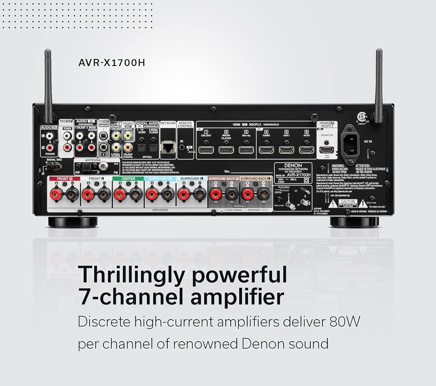 Denon AVR-X1700H 7.2 Channel AV Receiver - 80W/Channel, Advanced 8K HDMI Video w/eARC, Dolby Atmos, DTS:X, Built-in HEOS, Amazon Alexa Voice Control - Image 3