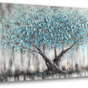 Arjun Tree Wall Art Canvas for Living Room Blue Tree of Life Nature Teal Abstract Textured Painting Picture Modern Panoramic Landscape Artwork Framed Bedroom Home Office Decor, Large Size 40″x20″