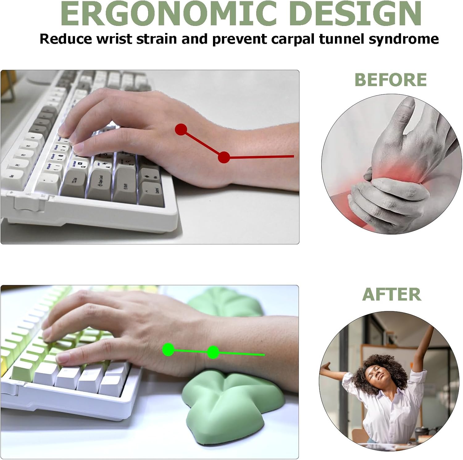 Ergonomic Keyboard Wrist Rest, Leaf Shape PU Leather Memory Foam Wrist Support for Computer Keyboard, Keyboard Pad and Cute Mouse Wrist Pad for Gaming,Office,Computer,Typing Pain Relief, Pastel Green - Image 2