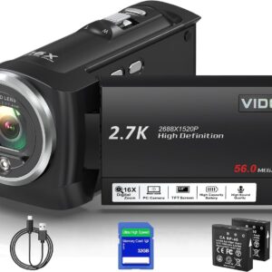 Camcorder Video Camera QHD 2.7K 56MP 16X Digital Zoom Vlogging Camera with LED Fill Light for YouTube, 2.8 Inch 270 Degree Rotation LCD Screen Camcorder with 32GB SD Card and Two Batteries