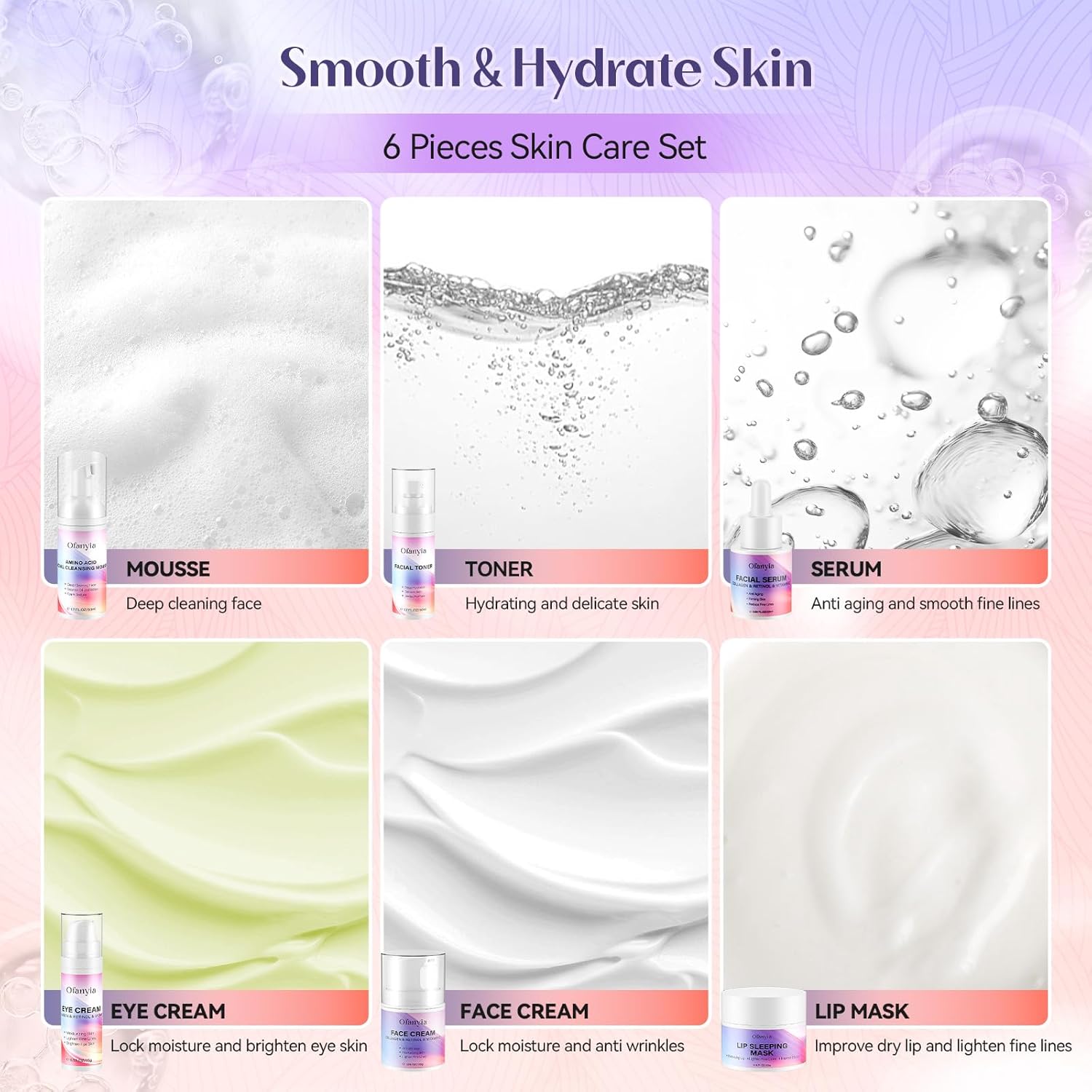 Ofanyia Collagen Retinol Skincare Set, 6 Pcs Anti-Aging Skin Care Set with Hydrating Cleanser, Eye Cream, Toner, Cream & Lip Mask, Facial Kit for Women, Christmas Valentines Birthday Gift for Her - Image 5