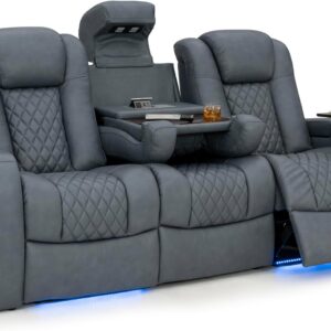 Seatcraft Anthem Italian Leather Sofa w/Fold-Down Table, Living Room, Power Headrest, Power Recline, Smokey Blue