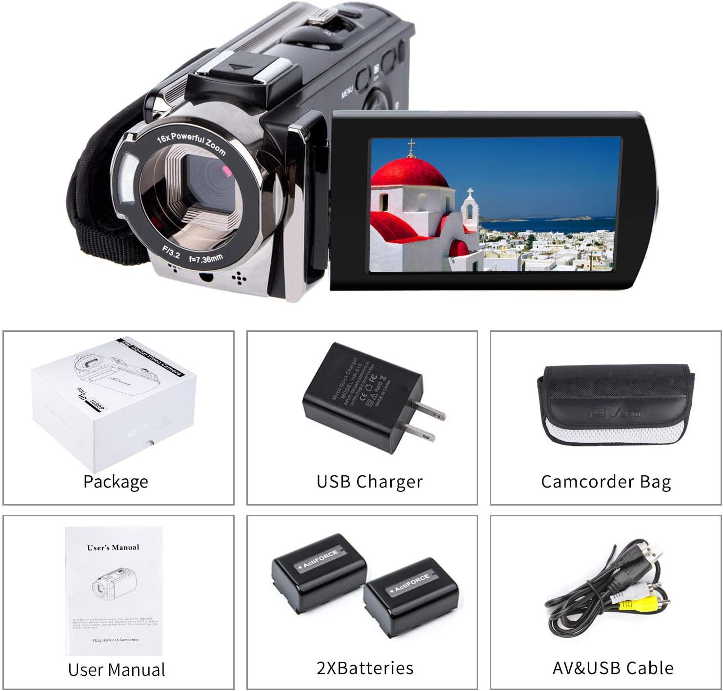 Video Camera Camcorder Digital Camera Recorder Full HD 1080P 15FPS 24MP 3.0 Inch 270 Degree Rotation LCD 16X Zoom Camcorder with 2 Batteries(604s) - Image 8