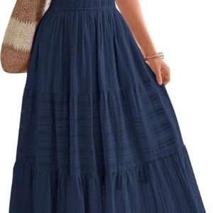 BTFBM Womens Summer 2025 Casual Midi Maxi Dresses Lightweight Short Sleeve V Neck Elastic Waist Boho Beach Dress Pockets