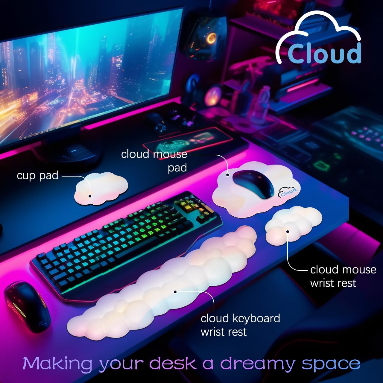 Cloud Wrist Rest Keyboard Palm Rest with Non-Slip Base for Computer Gaming Wrist Rest, YAMJUG Cloud Arm Rest Keyboard Wrist Pad Rainbow - Image 2