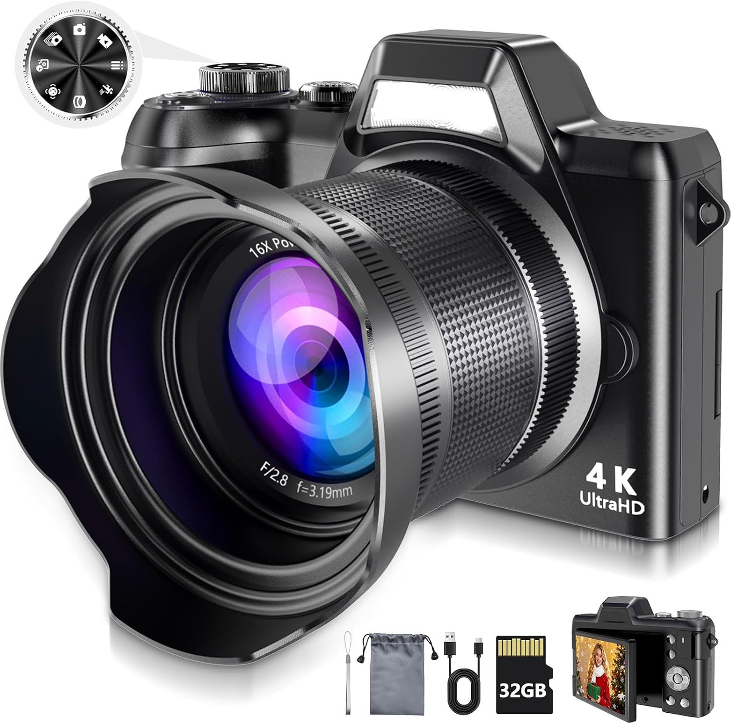 4K Digital Camera for Photography & Vlogging, 56MP Point and Shoot Digital Cameras with 180° Flip Screen, 16X Zoom Compact Travel Camera, Portable Cámara for Adults & Beginners with 32GB SD Card - Image 9