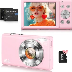 Digital Camera, 4K Vlogging Camera for YouTube Autofocus Cameras for Photography with 16X Digital Zoom, 48MP Compact Point and Shoot Digital Camera for Teens Adult with 32GB SD Card, 2 Batteries-Pink