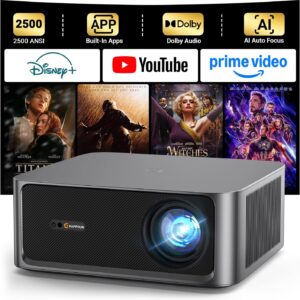 HAPPRUN 2500 ANSI Lumens Outdoor Projector with Built-in Streaming Apps, 4K Decoding Resolution, Dolby Audio, WiFi 6 and Bluetooth 5.2 for Indoor and Outdoor Home Theater