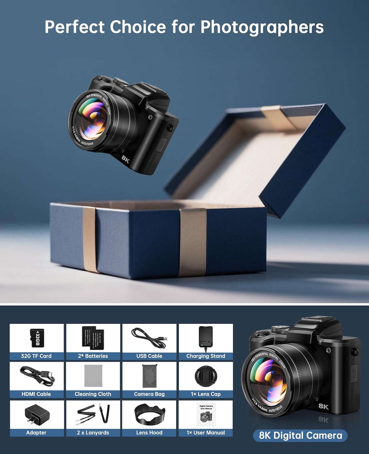 8K Digital Cameras for Photography Autofocus 88MP WiFi Professional 16X Digital Zoom Photography Camera with Dual-Lens for YouTube with Lens Hood, Touch Screen, 2 Batteries & Charging Stand - Image 8