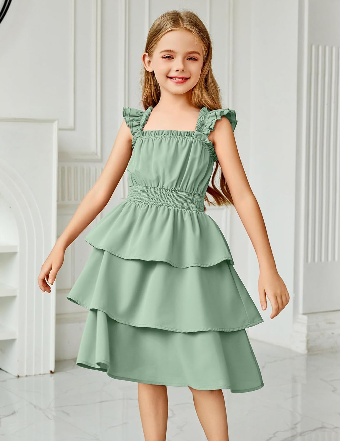 Arshiner Girls Dresses Ruffle Flutter Sleeve Summer Floral Tiered Casual Party Dress for 6-14 Y - Image 6