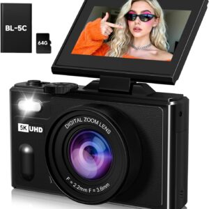 Digital Camera, UHD 5K Travel Camera 80MP Compact Cameras with 18X Zoom Vlogging Camera for YouTube with Flip Screen 3″ 180° Video Cameras with 64GB SD Card for Beginners & Adults (Black)