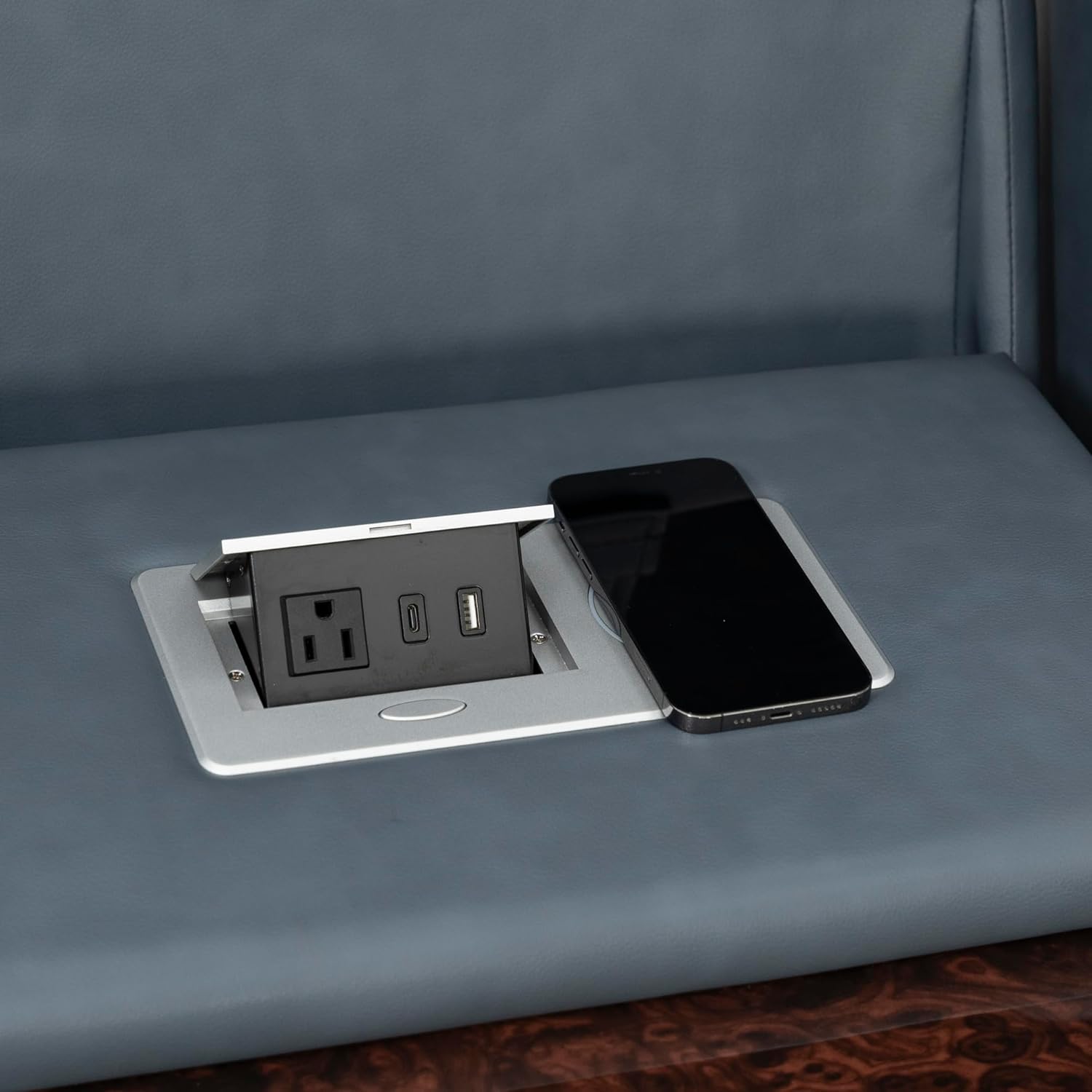 Seatcraft Anthem Italian Leather Sofa w/Fold-Down Table, Living Room, Power Headrest, Power Recline, Smokey Blue - Image 8