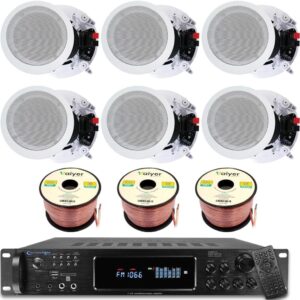 Home Theater Sound System Kit – 7.2 Channel 1500 Watts Bluetooth Amplifier w/ 6 QTY of 8″ Framed Ceiling Speakers 300 W Each, 300 ft Speaker Wire & Remote for Home, Office, Restaurant by Technical Pro