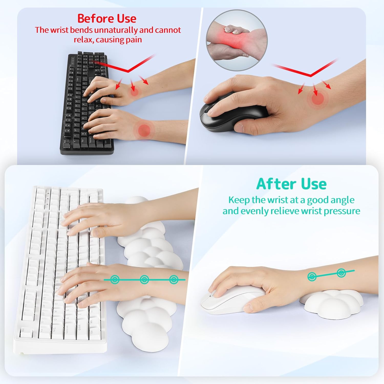 Cloud Wrist Rest for Keyboard and Mouse, Memory Foam PU Leather Keyboard Wrist Rest with Ergonomic Support, Non-Slip Base, Cute Arm Rest Pad & Palm Cushion, Office Desk Accessory, White - Image 3
