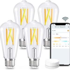 Linkind E26 Smart Edison Bulbs, 2700K-6500K Tunable WiFi Edison Bulbs with Remote Control, 8W 60W Equivalent Dimmable ST19 (ST58) Vintage Light Bulbs 800lm, Compatible with Alexa & Google Home, 4-Pack