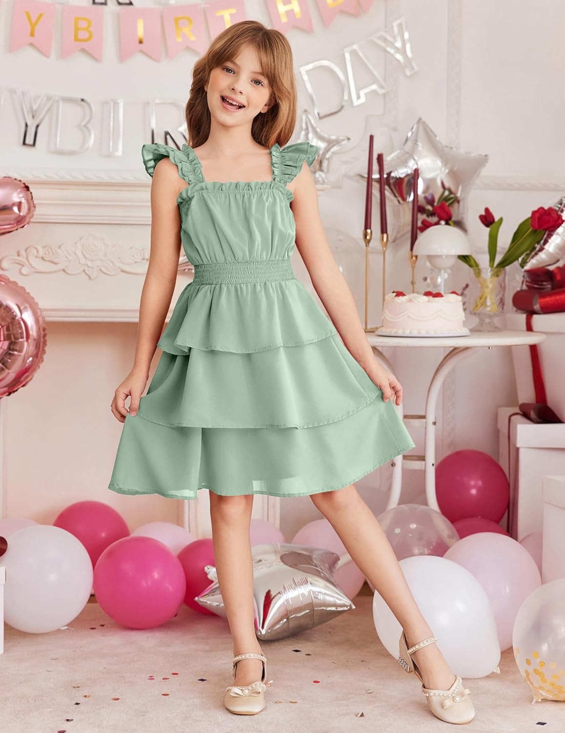 Arshiner Girls Dresses Ruffle Flutter Sleeve Summer Floral Tiered Casual Party Dress for 6-14 Y - Image 7