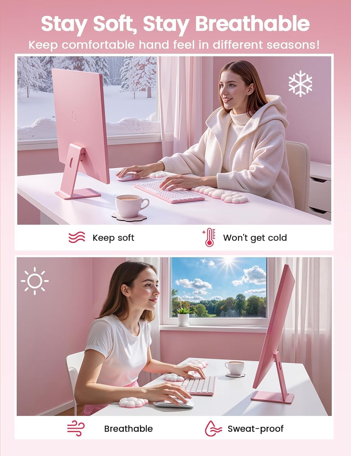 Vaydeer Cloud Keyboard Wrist Rest Set – Ergonomic Memory Foam Wrist Pad for Computer, Laptop & Gaming, Non-Slip Cute Desk Accessories for Office(Keyboard Rest + Mouse Rest + Coaster) - Image 4