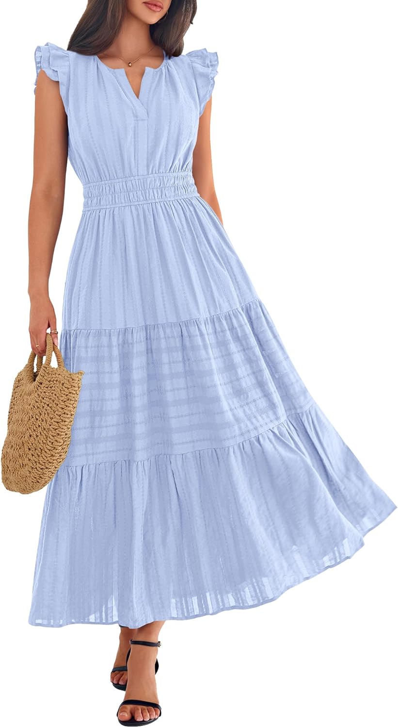 BTFBM Dresses for Women Spring 2026 Maxi Casual Dress Flutter Short Sleeve V Neck Elastic Waist Boho Beach Vacation Pockets - Image 4