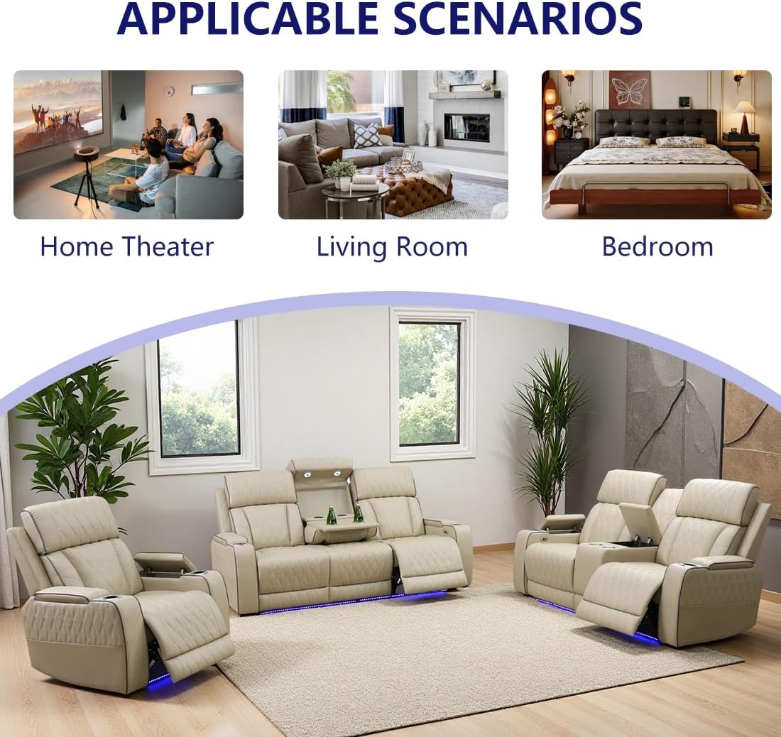 Power Recliner Sofa Set, Living Room Furniture Sets, Leather Reclining Sofa Set, Recliner Couch Loveseat and Chair with Coffee Table/Cup Holders/Charging Port for Home Theater Seat, Khaki - Image 7