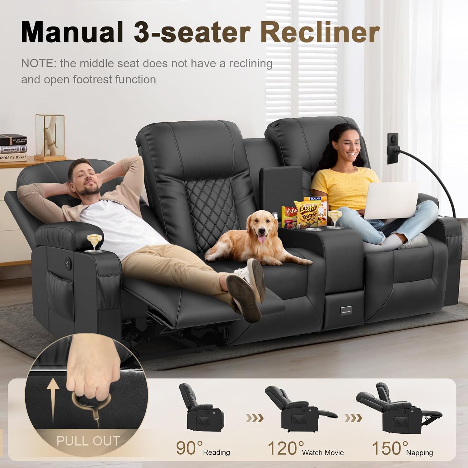 YONISEE 3 Seat Recliner Sofa, Large Reclining Sofa with Storage Console, Manual Reclining Chair with USB Ports, 2 Cell Phone Holder, 3 Seater Loveseat Recliner Couch for Living Room - Image 4