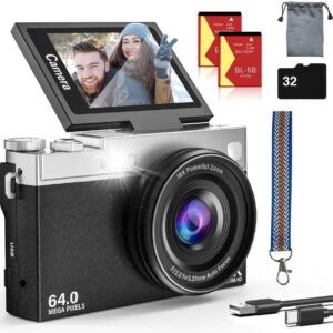 2025 New 4K Digital Camera for Photography and Vlogging, 64MP & 2.88″ 180° Flip Screen Travel Cameras with 16X Zoom, 32GB SD Card, 2 Batteries, Anti-Shake, Perfect for Teens and Beginners (Black)