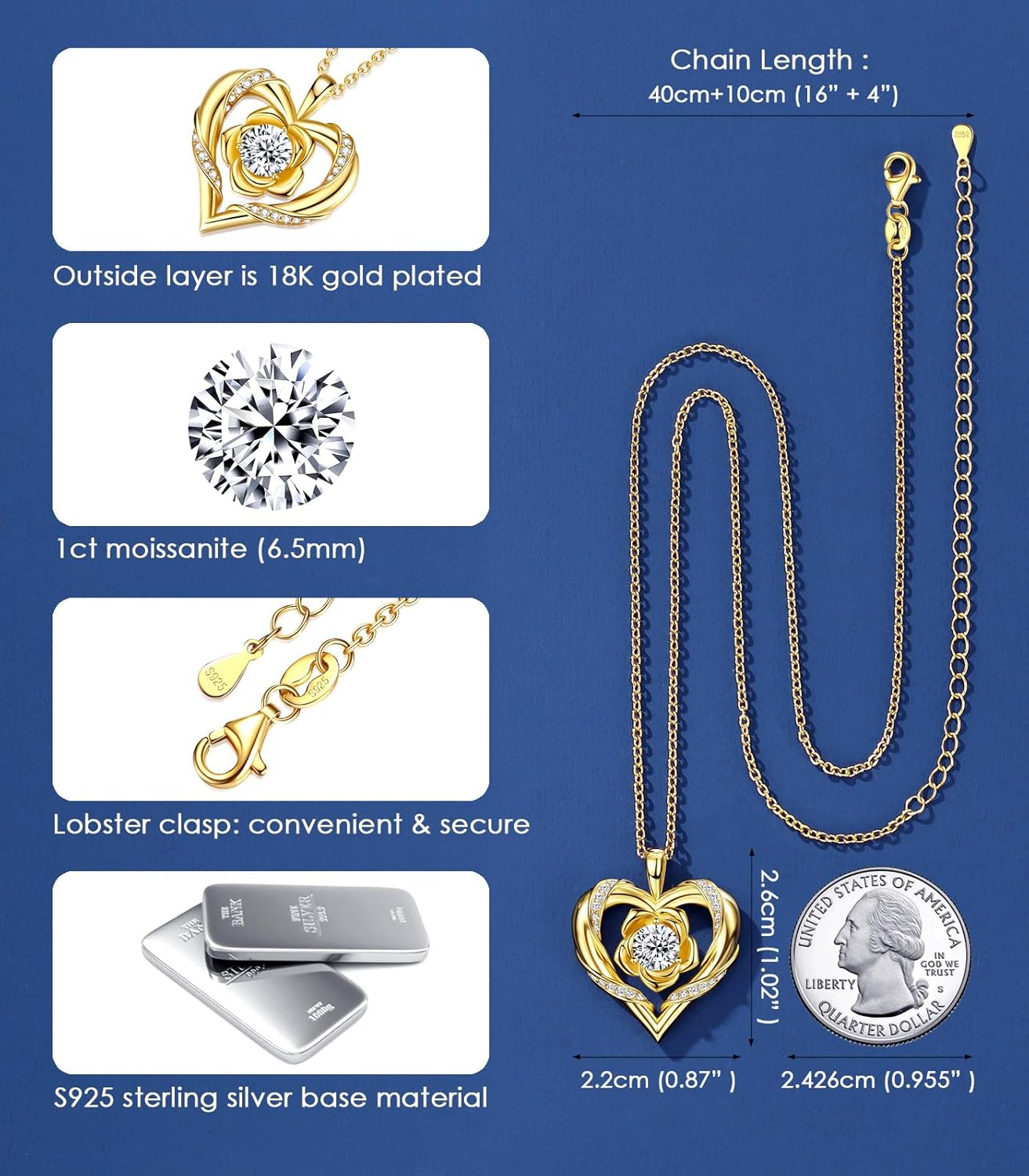 Beam & Bask Rose Flower Heart Moissanite Necklaces for Wife, S925 Silver Pendant for Women, 18K Gold Plated Jewelry for Her Girlfriend Mom for Anniversary Birthday - Image 6