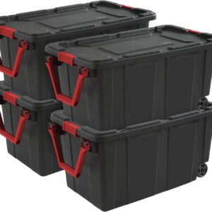 Sterilite 4-Pack Industrial Tote, Heavy-Duty Storage Bins w/Lids and Wheels, 40 Gallon – Stackable Organizing Containers for Home, Garage, Office, and Basement
