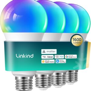 Linkind Matter Smart Light Bulb,1600LM 100W Smart Bulbs Work with Alexa/Apple Home/Google Home/SmartThings, RGBTW LED Color Changing Bulbs Music Sync, 2.4GHz Wi-Fi Light Bulbs LED 11W, A21 E26, 4Pack
