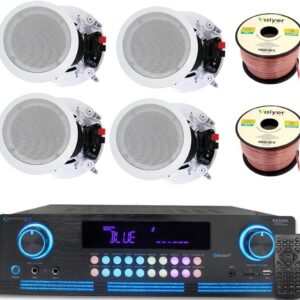 Home Theater Sound System Kit – 2000 Watts Bluetooth Amplifier w/ 4 Qty of 8″ Framed Ceiling Speakers 300 W Each, 200 ft Speaker Wire & Remote for Home, Office, Commercial, Bars by Technical Pro
