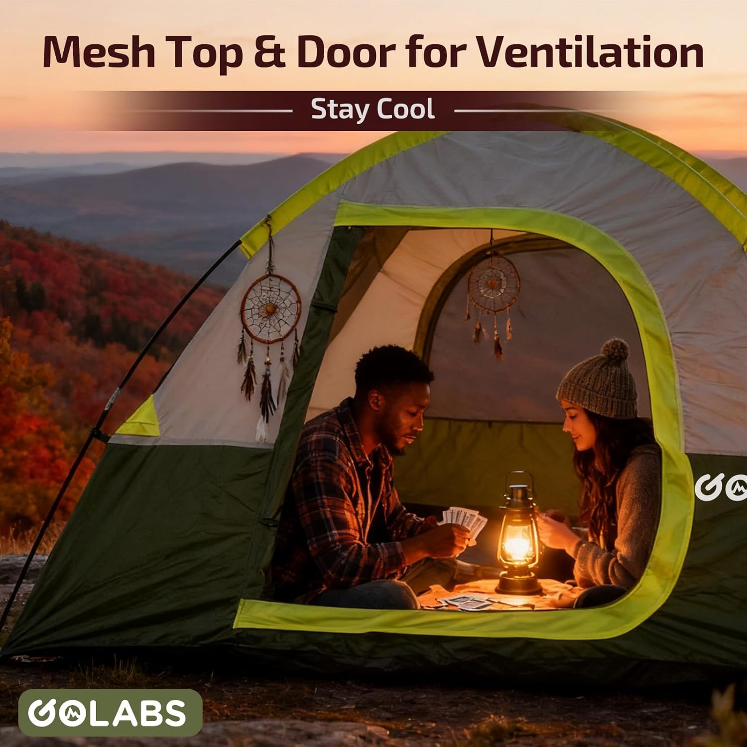 Golabs CT1 2 Person Camping Tent, Easy Set Up in 3 Mins, PU1500mm Waterproof w/Mesh Top & Door with Ventilation, Lightweight 4.4lbs Portable Family Tent with Carry Bag &Interior Storage Pockets &Hook - Image 5
