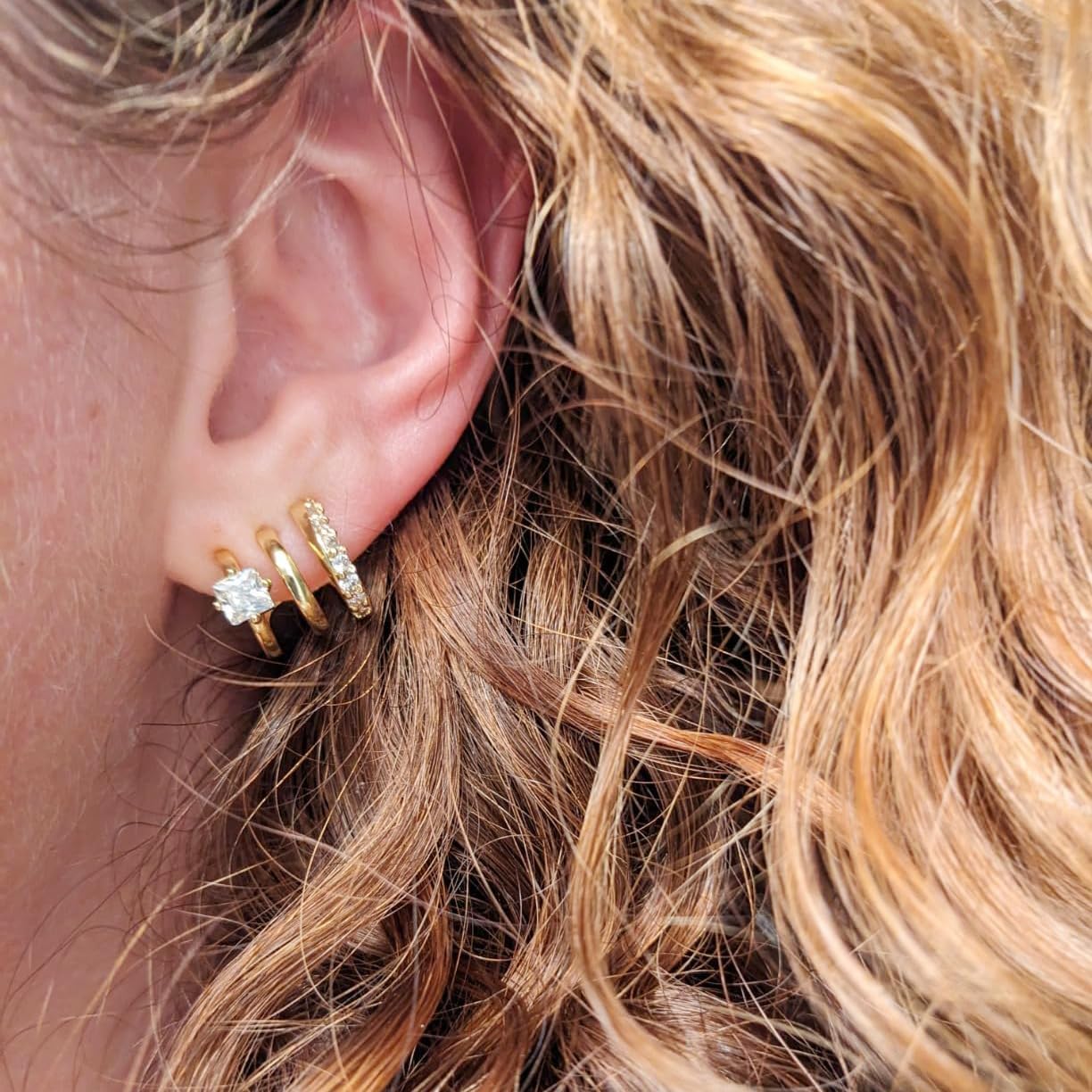 Obidos 14K Gold Plated Triple Huggie Illusion Stud Earrings | Double Huggie Hoop Earrings for One Hole | Gold Hoop Earrings for Women | Drop earrings - Image 3