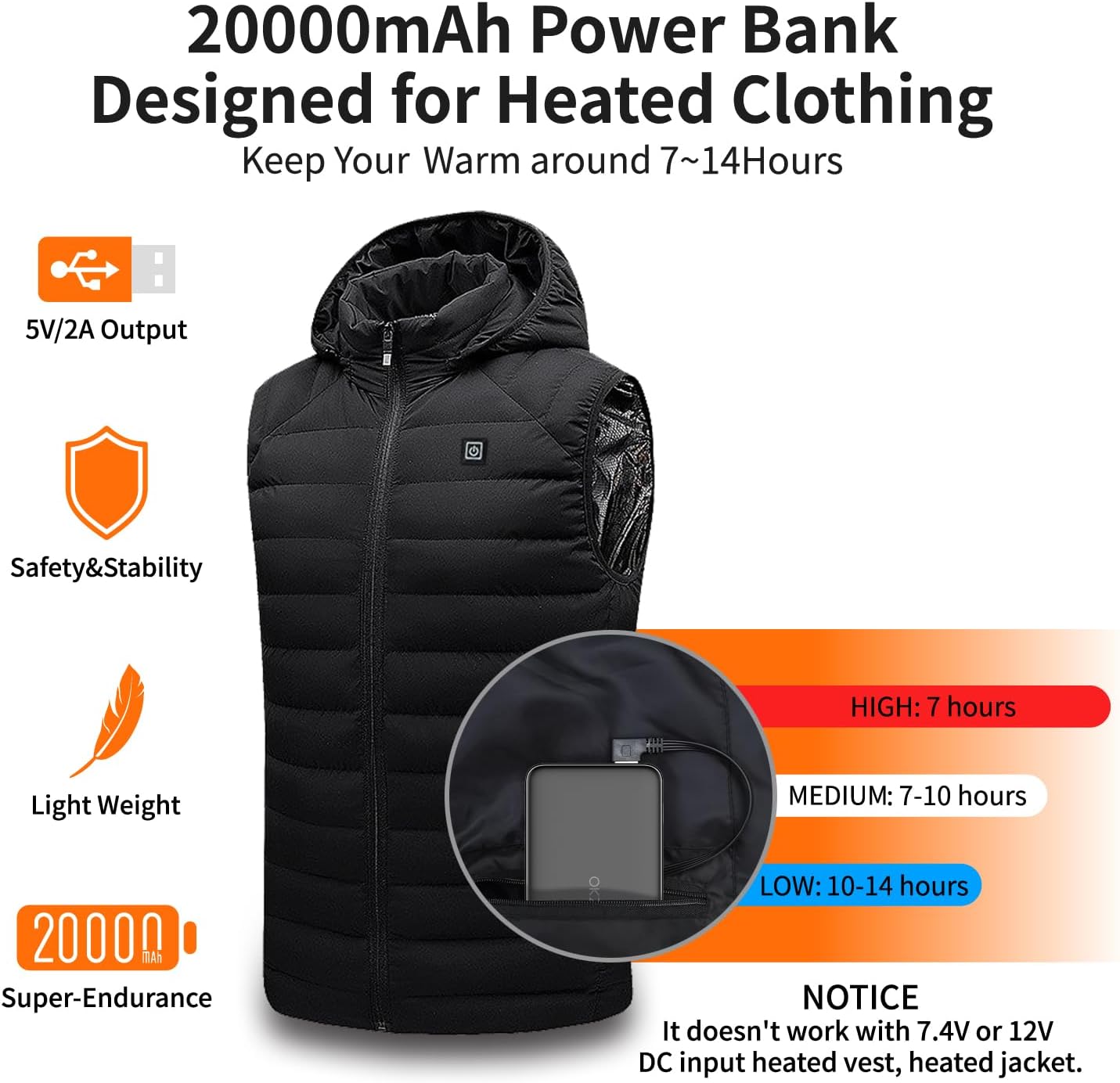 5V 2A Lighter 20000mAh Heated Vest Battery Pack Power Bank for Heated Jacket Heated Hoodies Heated Stadium Seats Fast Recharging Portable Charge for Heated Clothing, Camping Chair - Image 2