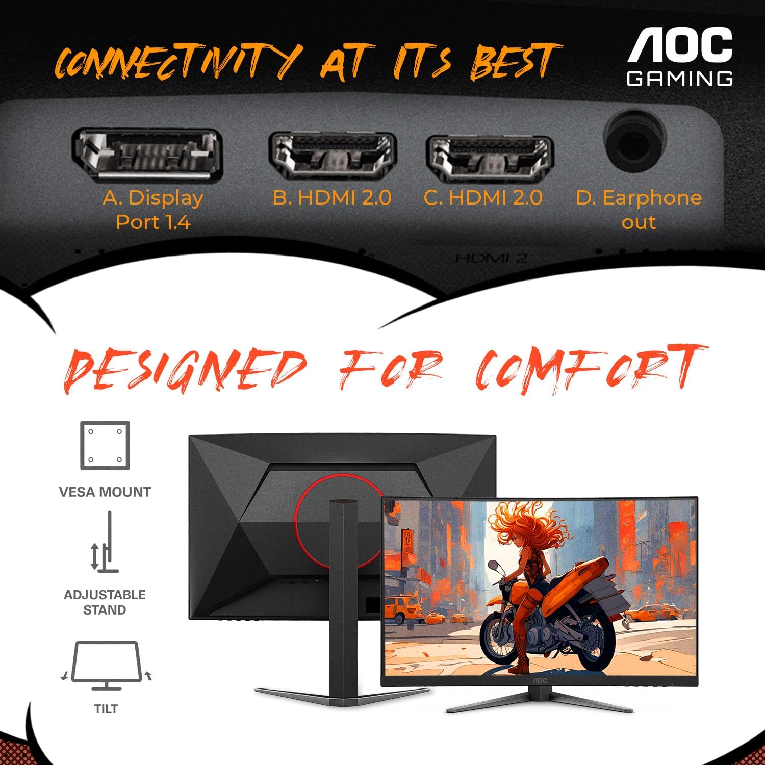AOC C27G4ZH 27" Curved Frameless Ultra-Fast Gaming Monitor, FHD 1080p, 0.3ms HDMI 240Hz/DP 280Hz, 1500R, AMD FreeSync, HDR, Height Adjustable, 3-Year Zero Dead Pixel Guarantee - Image 6
