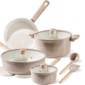 CAROTE 12Pcs Ceramic Pots and Pans Set Non Stick, Healthy Cookware Set, PFAS/PFOA Free, Kitchen Cooking Set with Frying Pans, Taupe