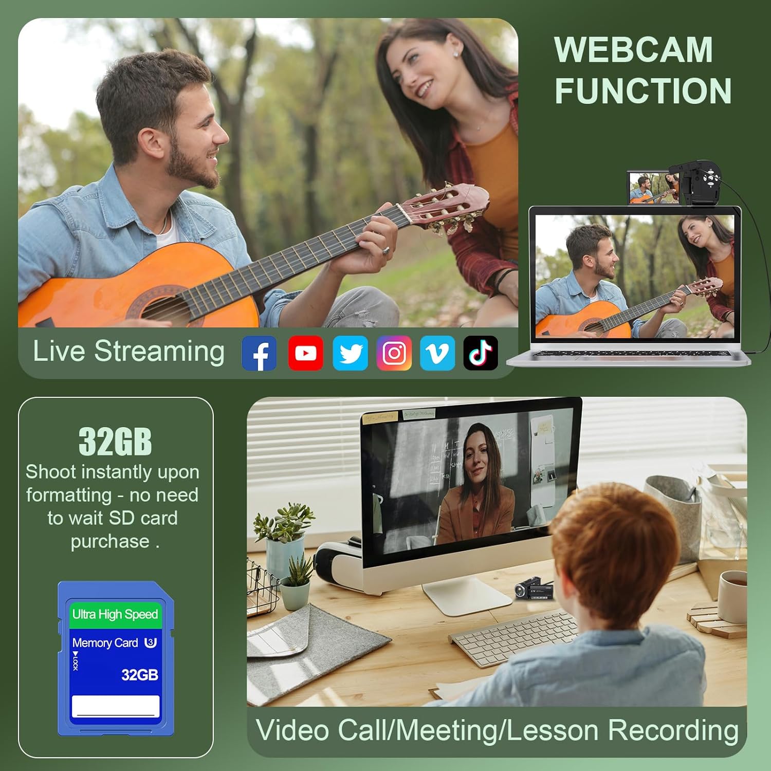 2.7K Video Camera Camcorder 16X Digital Zoom QHD 50MP YouTube Vlogging Camera Webcam 270 Degree Rotation Screen Camcorders with 32G SD Card and 2 Batteries Recording While Charging - Image 5