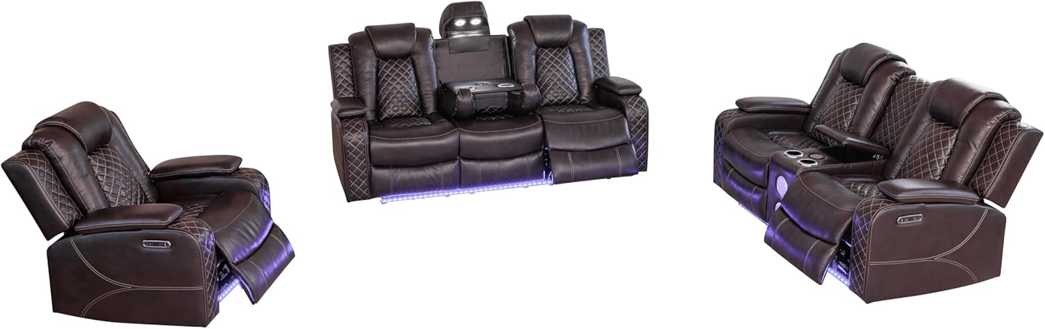 Ball & Cast Power Recliner Sofa Set Leather Reclining Sofa Set Living Room Furniture Set 3PCS Recliner Couch Loveseat & Chair Sets with Coffee Table,Reading Light,Cup Holders for Home Theater Seating - Image 13